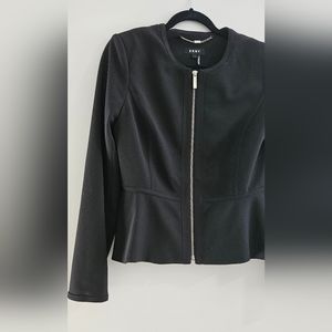 DKNY Collarless Peplum Hem Jacket Womens Size 8 Black Gold Front Zip Lined
